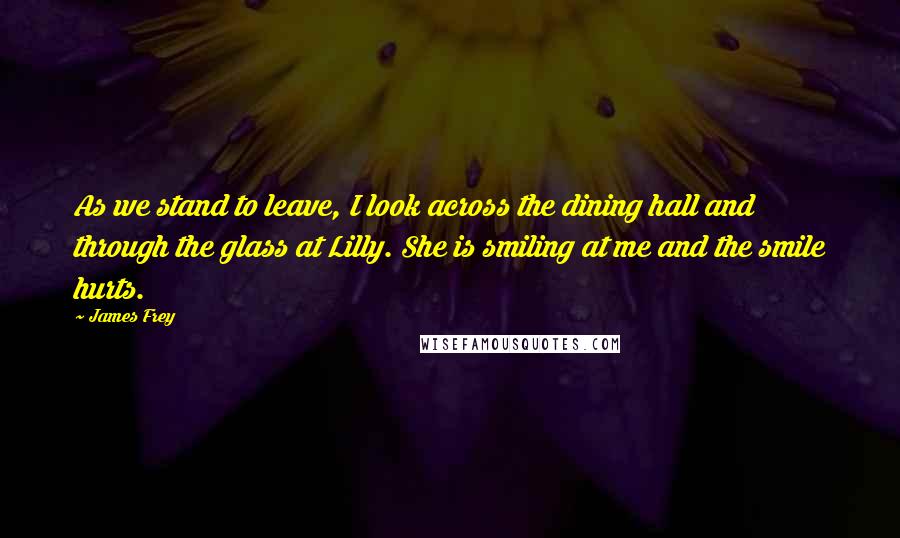 James Frey Quotes: As we stand to leave, I look across the dining hall and through the glass at Lilly. She is smiling at me and the smile hurts.