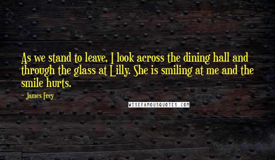 James Frey Quotes: As we stand to leave, I look across the dining hall and through the glass at Lilly. She is smiling at me and the smile hurts.