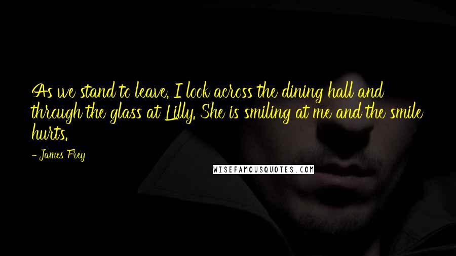 James Frey Quotes: As we stand to leave, I look across the dining hall and through the glass at Lilly. She is smiling at me and the smile hurts.