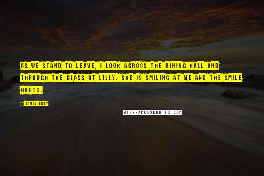 James Frey Quotes: As we stand to leave, I look across the dining hall and through the glass at Lilly. She is smiling at me and the smile hurts.