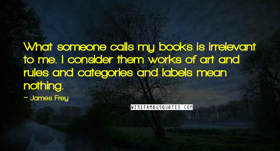 James Frey Quotes: What someone calls my books is irrelevant to me. I consider them works of art and rules and categories and labels mean nothing.