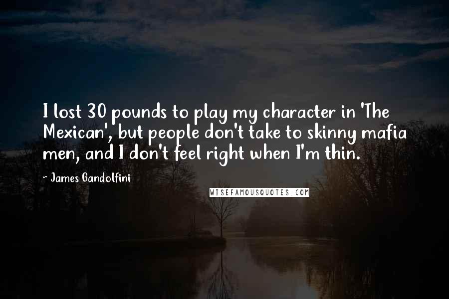 James Gandolfini Quotes: I lost 30 pounds to play my character in 'The Mexican', but people don't take to skinny mafia men, and I don't feel right when I'm thin.