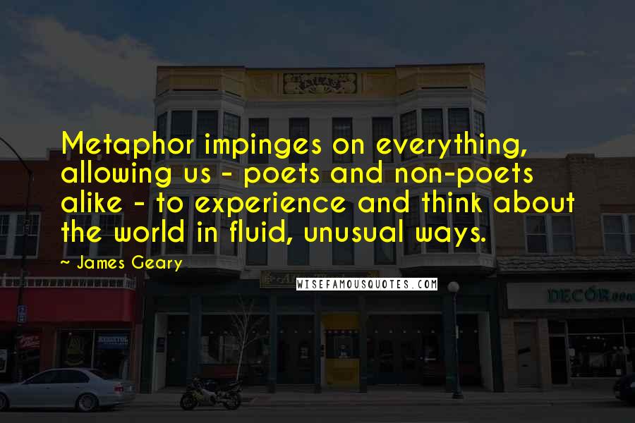 James Geary Quotes: Metaphor impinges on everything, allowing us - poets and non-poets alike - to experience and think about the world in fluid, unusual ways.