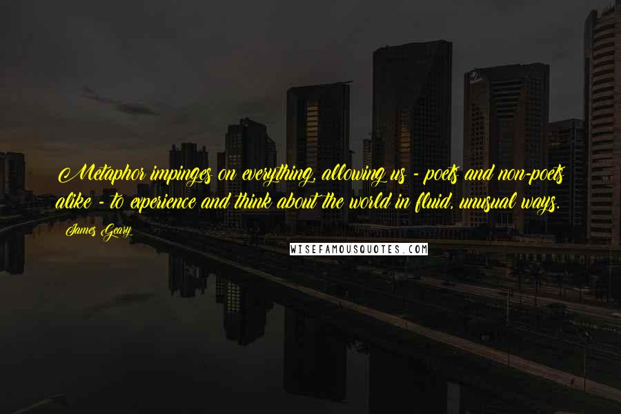 James Geary Quotes: Metaphor impinges on everything, allowing us - poets and non-poets alike - to experience and think about the world in fluid, unusual ways.