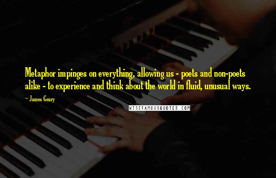 James Geary Quotes: Metaphor impinges on everything, allowing us - poets and non-poets alike - to experience and think about the world in fluid, unusual ways.