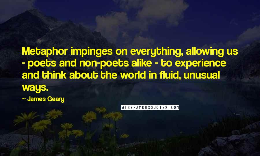 James Geary Quotes: Metaphor impinges on everything, allowing us - poets and non-poets alike - to experience and think about the world in fluid, unusual ways.