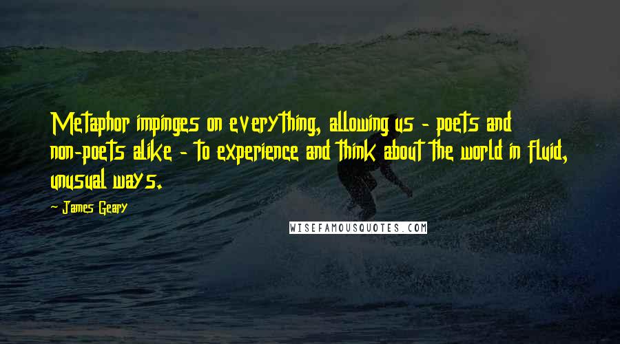 James Geary Quotes: Metaphor impinges on everything, allowing us - poets and non-poets alike - to experience and think about the world in fluid, unusual ways.