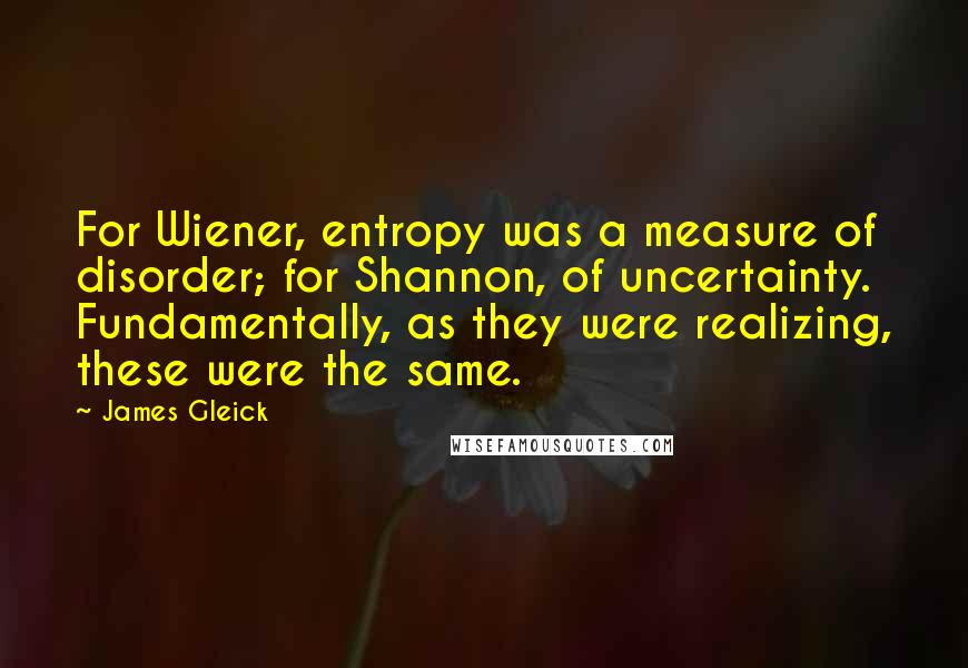 James Gleick Quotes: For Wiener, entropy was a measure of disorder; for Shannon, of uncertainty. Fundamentally, as they were realizing, these were the same.