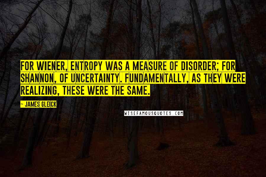 James Gleick Quotes: For Wiener, entropy was a measure of disorder; for Shannon, of uncertainty. Fundamentally, as they were realizing, these were the same.