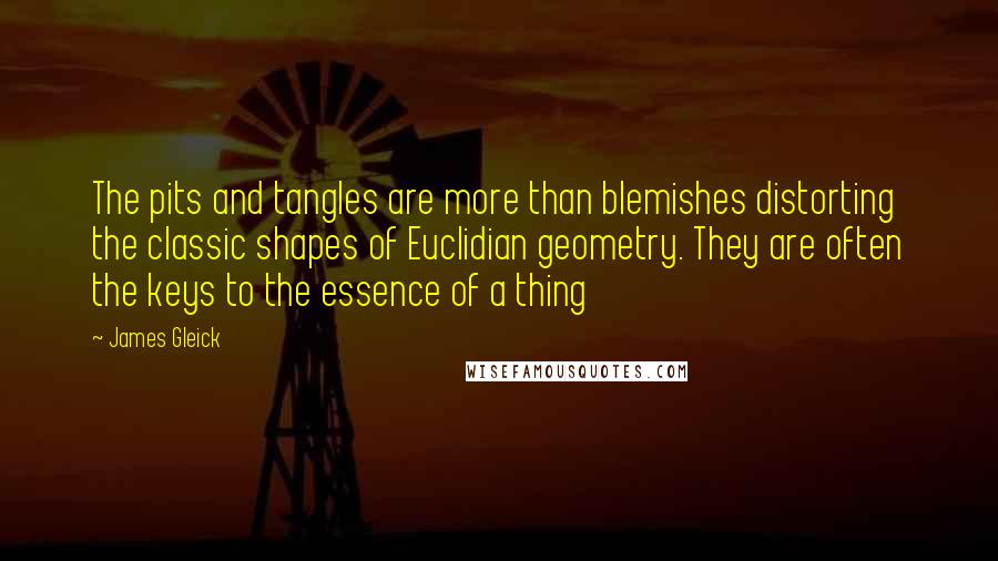 James Gleick Quotes: The pits and tangles are more than blemishes distorting the classic shapes of Euclidian geometry. They are often the keys to the essence of a thing