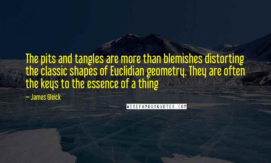 James Gleick Quotes: The pits and tangles are more than blemishes distorting the classic shapes of Euclidian geometry. They are often the keys to the essence of a thing