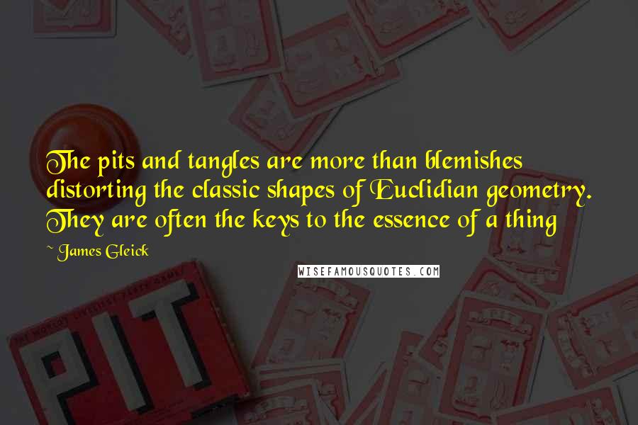 James Gleick Quotes: The pits and tangles are more than blemishes distorting the classic shapes of Euclidian geometry. They are often the keys to the essence of a thing