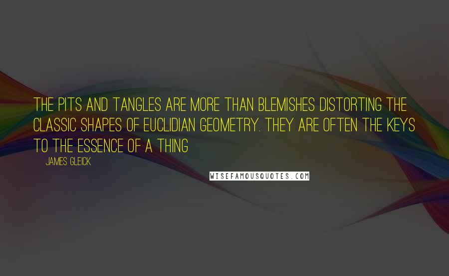 James Gleick Quotes: The pits and tangles are more than blemishes distorting the classic shapes of Euclidian geometry. They are often the keys to the essence of a thing