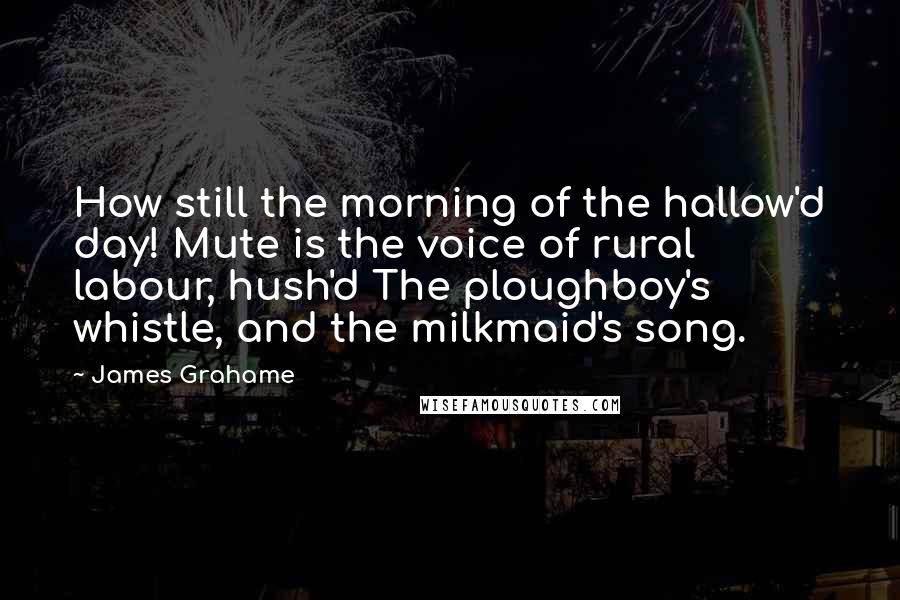 James Grahame Quotes: How still the morning of the hallow'd day! Mute is the voice of rural labour, hush'd The ploughboy's whistle, and the milkmaid's song.