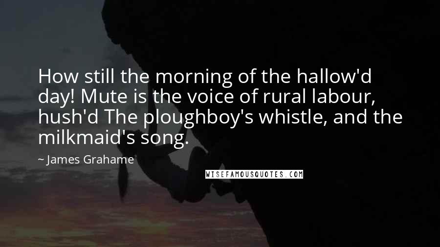James Grahame Quotes: How still the morning of the hallow'd day! Mute is the voice of rural labour, hush'd The ploughboy's whistle, and the milkmaid's song.