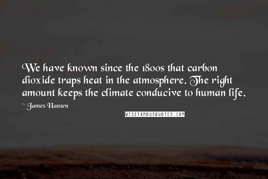 James Hansen Quotes: We have known since the 1800s that carbon dioxide traps heat in the atmosphere. The right amount keeps the climate conducive to human life.