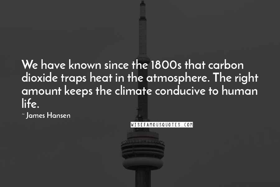 James Hansen Quotes: We have known since the 1800s that carbon dioxide traps heat in the atmosphere. The right amount keeps the climate conducive to human life.