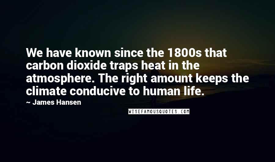 James Hansen Quotes: We have known since the 1800s that carbon dioxide traps heat in the atmosphere. The right amount keeps the climate conducive to human life.