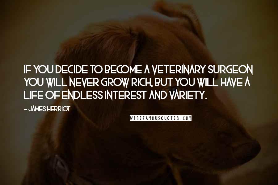 James Herriot Quotes: If you decide to become a veterinary surgeon you will never grow rich, but you will have a life of endless interest and variety.
