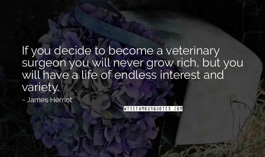 James Herriot Quotes: If you decide to become a veterinary surgeon you will never grow rich, but you will have a life of endless interest and variety.