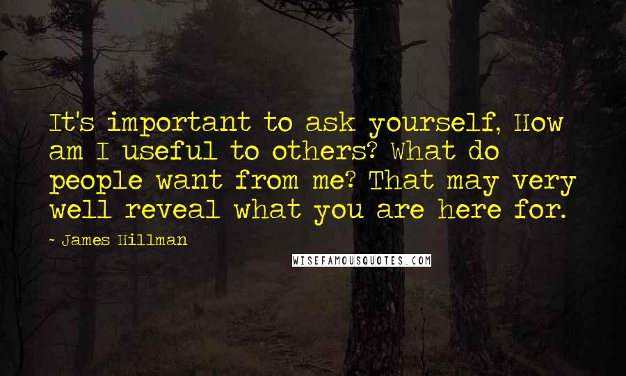 James Hillman Quotes: It's important to ask yourself, How am I useful to others? What do people want from me? That may very well reveal what you are here for.