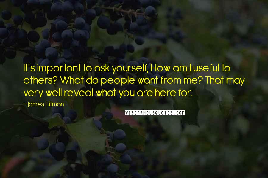 James Hillman Quotes: It's important to ask yourself, How am I useful to others? What do people want from me? That may very well reveal what you are here for.