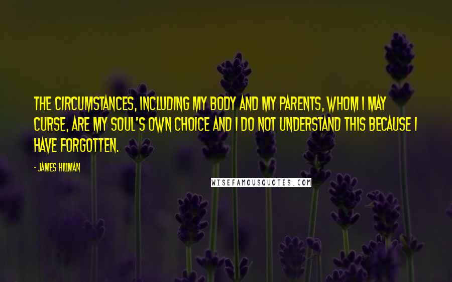 James Hillman Quotes: The circumstances, including my body and my parents, whom I may curse, are my soul's own choice and I do not understand this because I have forgotten.