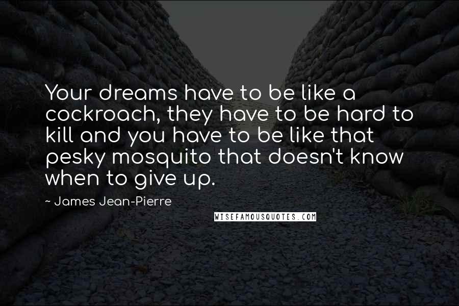 James Jean-Pierre Quotes: Your dreams have to be like a cockroach, they have to be hard to kill and you have to be like that pesky mosquito that doesn't know when to give up.
