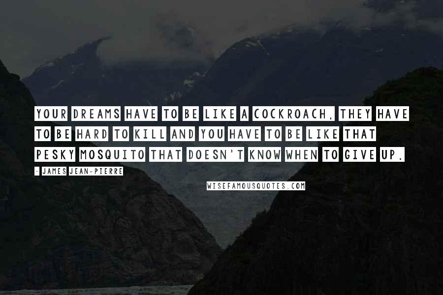 James Jean-Pierre Quotes: Your dreams have to be like a cockroach, they have to be hard to kill and you have to be like that pesky mosquito that doesn't know when to give up.