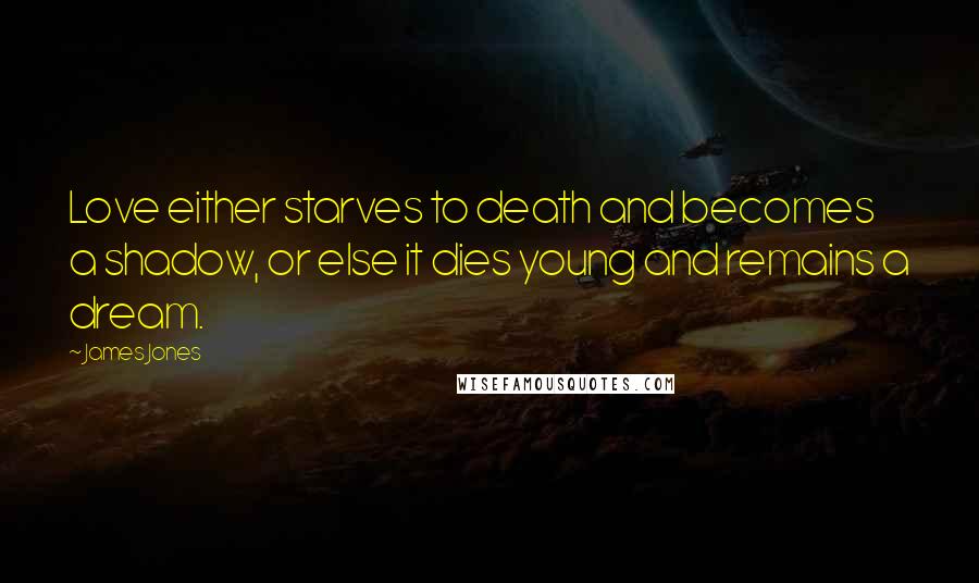 James Jones Quotes: Love either starves to death and becomes a shadow, or else it dies young and remains a dream.