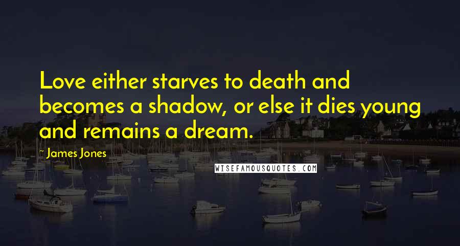 James Jones Quotes: Love either starves to death and becomes a shadow, or else it dies young and remains a dream.