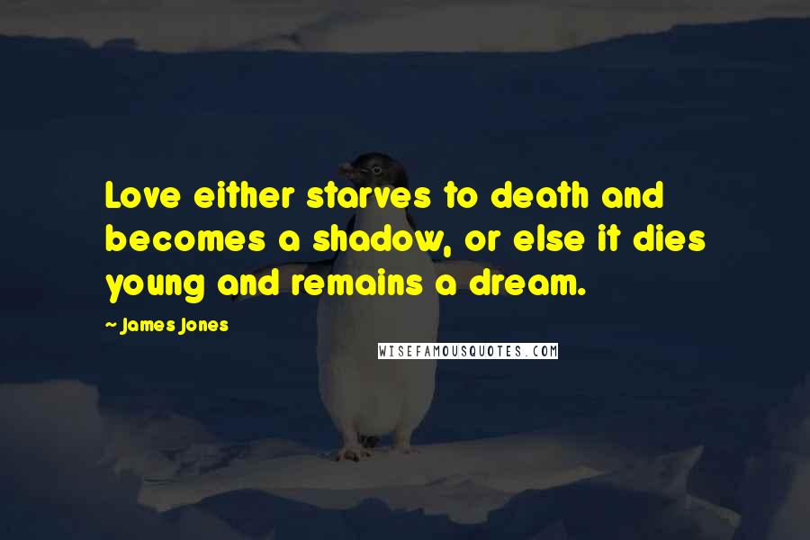 James Jones Quotes: Love either starves to death and becomes a shadow, or else it dies young and remains a dream.