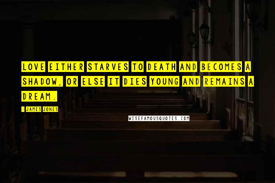 James Jones Quotes: Love either starves to death and becomes a shadow, or else it dies young and remains a dream.