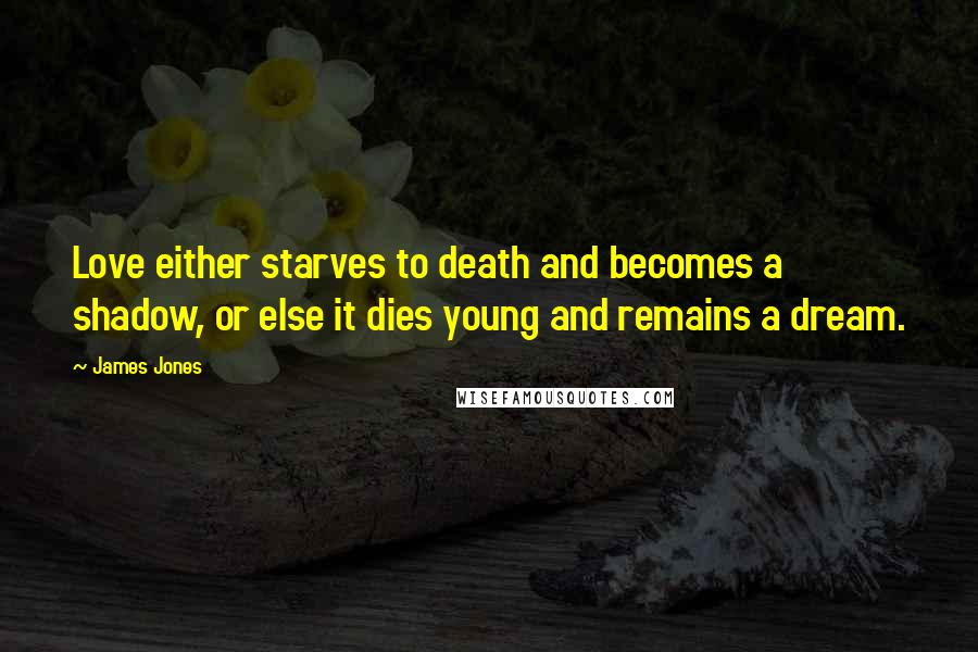 James Jones Quotes: Love either starves to death and becomes a shadow, or else it dies young and remains a dream.