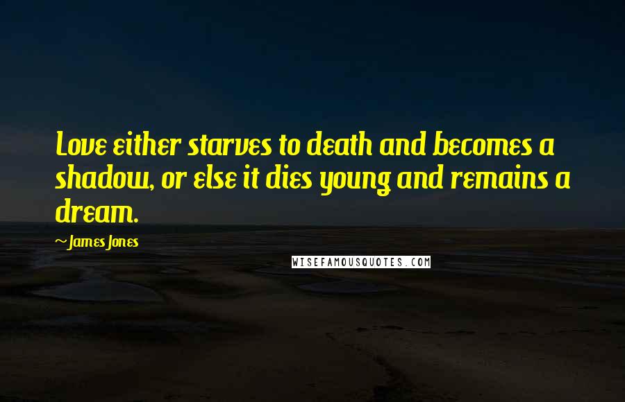 James Jones Quotes: Love either starves to death and becomes a shadow, or else it dies young and remains a dream.