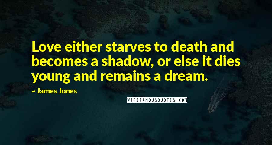 James Jones Quotes: Love either starves to death and becomes a shadow, or else it dies young and remains a dream.