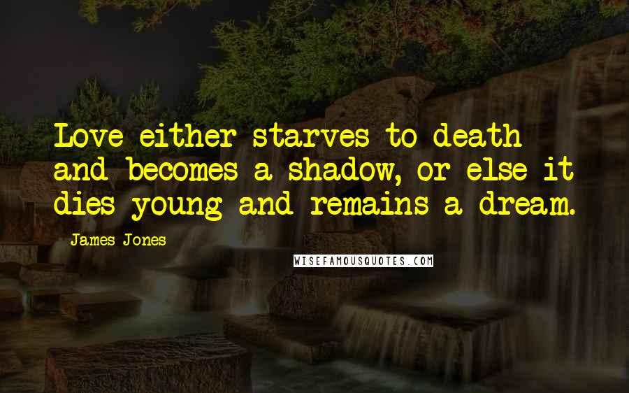 James Jones Quotes: Love either starves to death and becomes a shadow, or else it dies young and remains a dream.