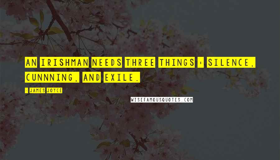 James Joyce Quotes: An Irishman needs three things : silence, cunnning, and exile.