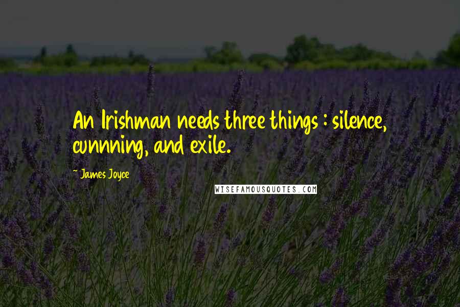 James Joyce Quotes: An Irishman needs three things : silence, cunnning, and exile.