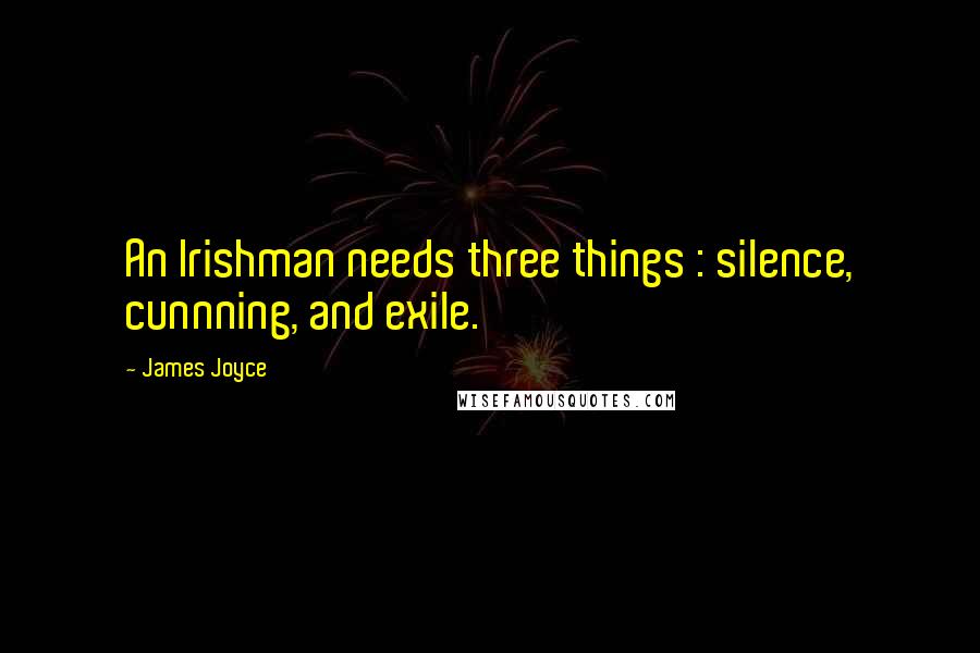 James Joyce Quotes: An Irishman needs three things : silence, cunnning, and exile.