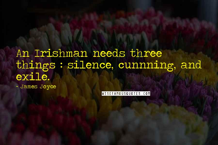 James Joyce Quotes: An Irishman needs three things : silence, cunnning, and exile.