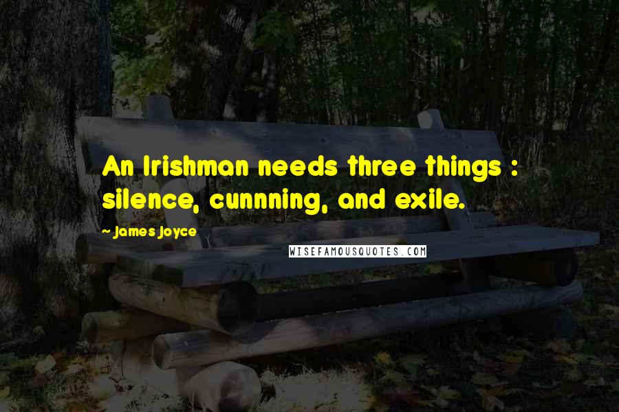 James Joyce Quotes: An Irishman needs three things : silence, cunnning, and exile.
