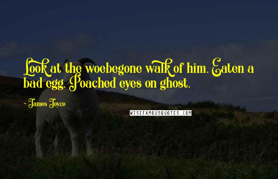 James Joyce Quotes: Look at the woebegone walk of him. Eaten a bad egg. Poached eyes on ghost.