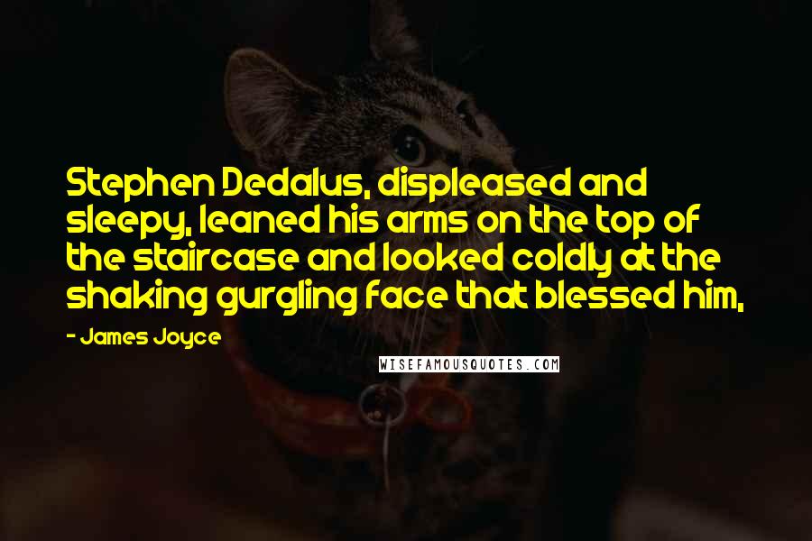 James Joyce Quotes: Stephen Dedalus, displeased and sleepy, leaned his arms on the top of the staircase and looked coldly at the shaking gurgling face that blessed him,