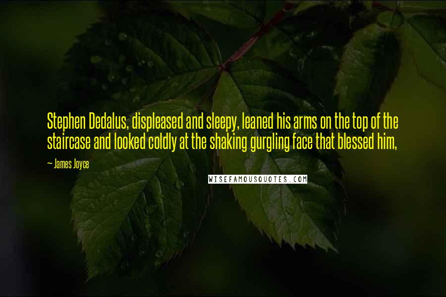 James Joyce Quotes: Stephen Dedalus, displeased and sleepy, leaned his arms on the top of the staircase and looked coldly at the shaking gurgling face that blessed him,