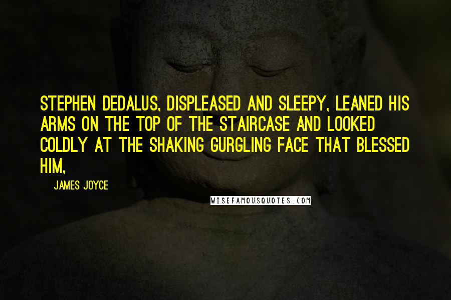 James Joyce Quotes: Stephen Dedalus, displeased and sleepy, leaned his arms on the top of the staircase and looked coldly at the shaking gurgling face that blessed him,