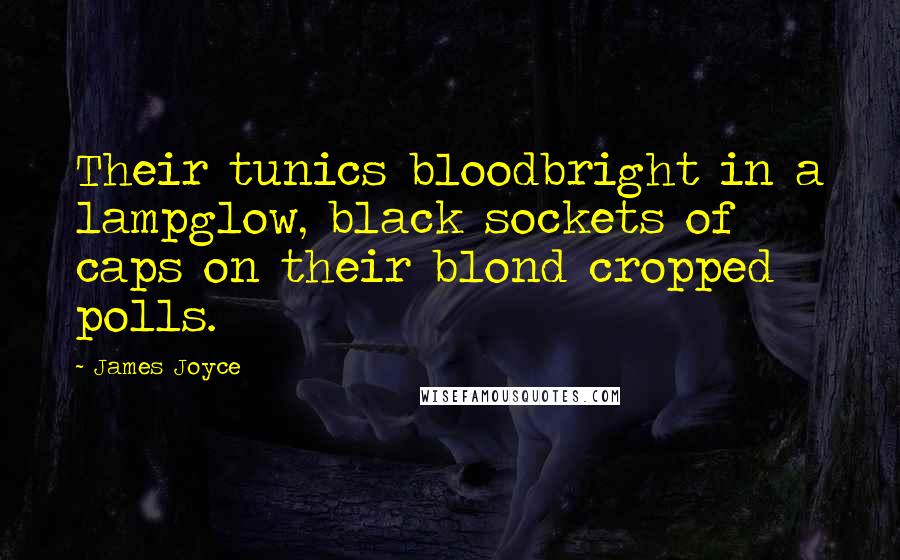 James Joyce Quotes: Their tunics bloodbright in a lampglow, black sockets of caps on their blond cropped polls.