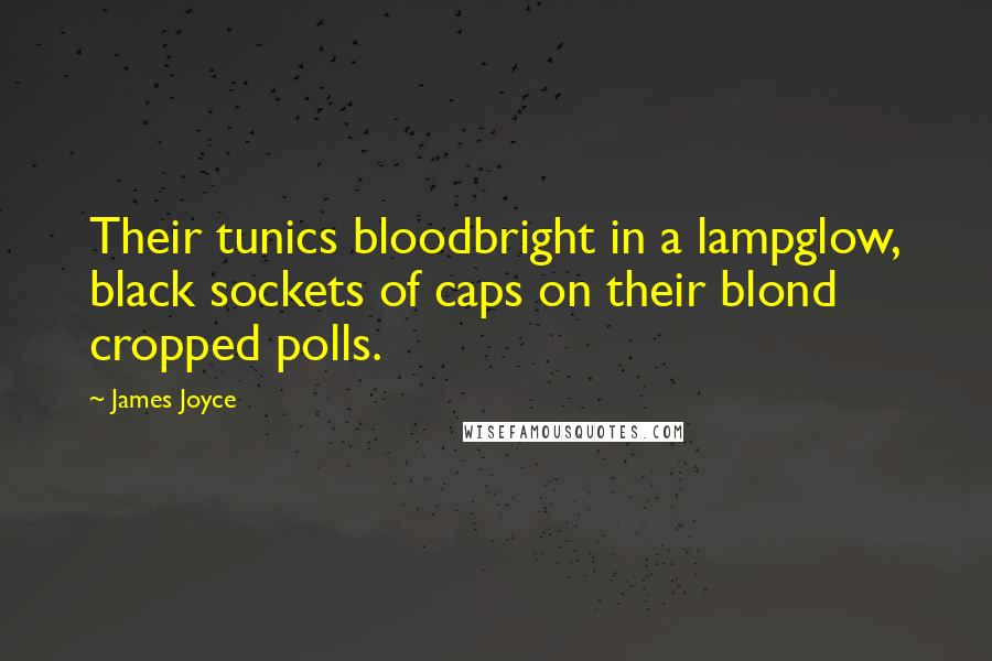 James Joyce Quotes: Their tunics bloodbright in a lampglow, black sockets of caps on their blond cropped polls.