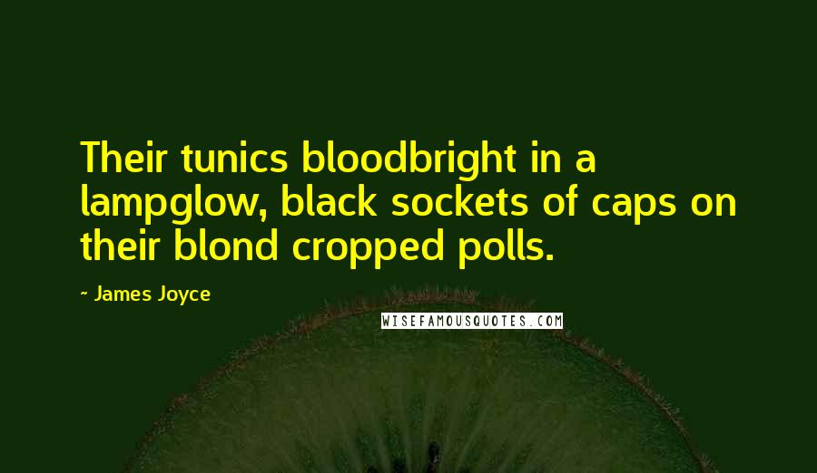 James Joyce Quotes: Their tunics bloodbright in a lampglow, black sockets of caps on their blond cropped polls.