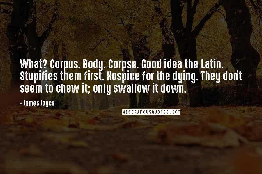 James Joyce Quotes: What? Corpus. Body. Corpse. Good idea the Latin. Stupifies them first. Hospice for the dying. They don't seem to chew it; only swallow it down.